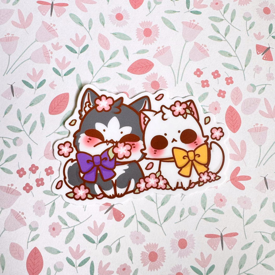 Husky & Cat Flower Small Vinyl Sticker