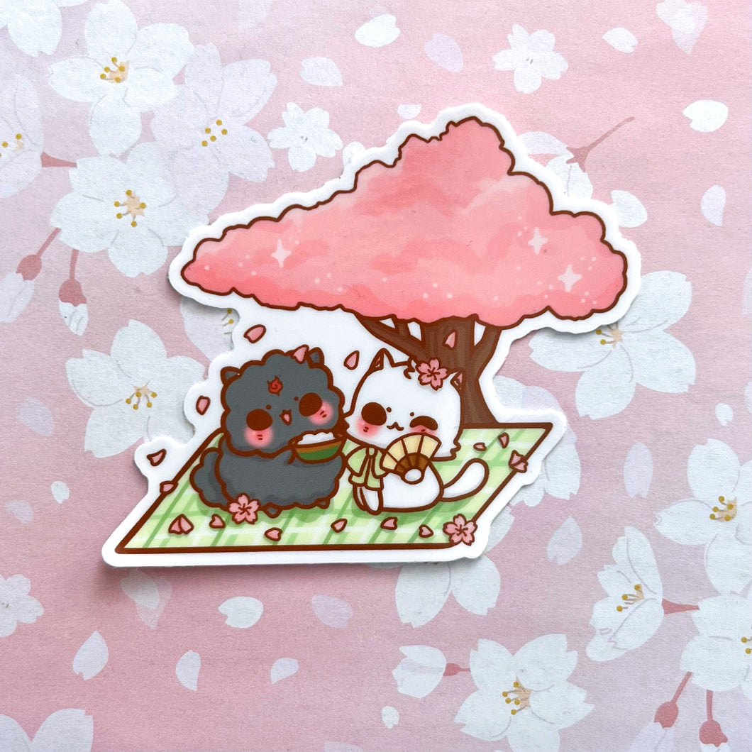 Pup and Cat Cherry Blossom Viewing Vinyl Sticker